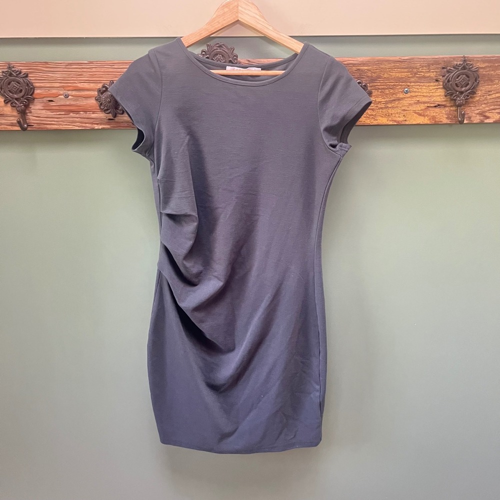 Costes Basic Charcoal Grey Pique Draped Short Sleeve Sheath Dress Large